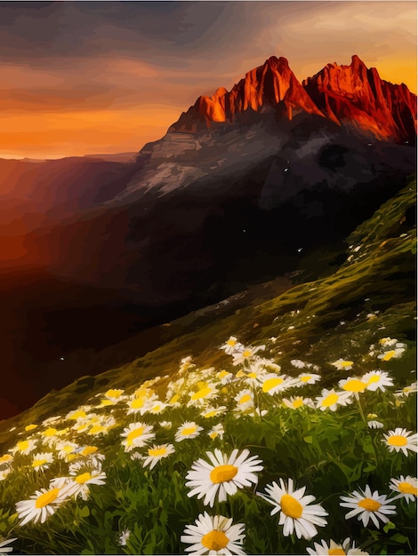 Hermosas margaritas blancas en flor en las montañas de fondo y el cielo al atardecer con nubes vector realista