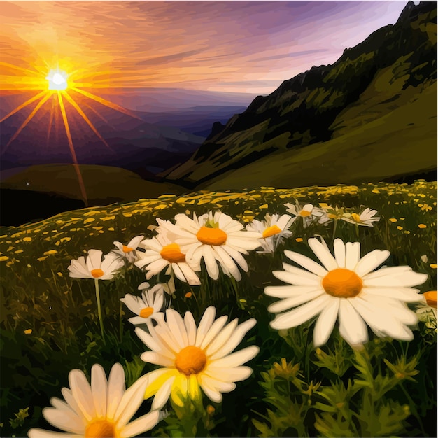 Hermosas margaritas blancas en flor en las montañas de fondo y el cielo al atardecer con nubes vector realista