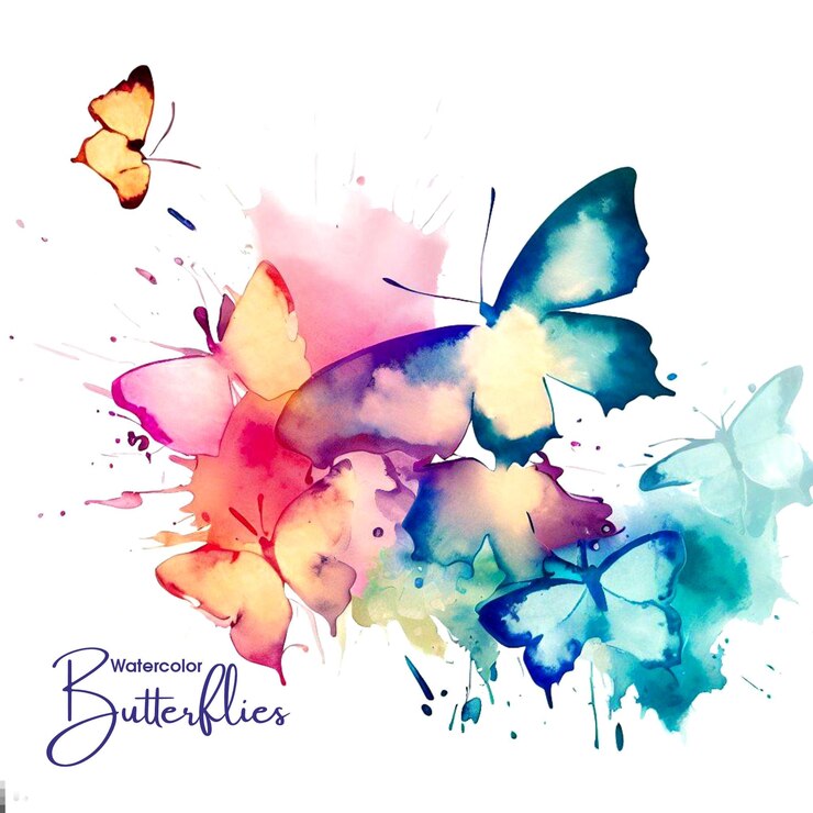 Hermosas mariposas abstractas de salpicaduras de arco iris de acuarela