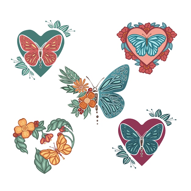 Hermosas mariposas de amor étnico de colores están dibujadas a mano