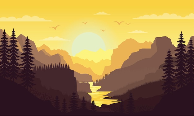 Hermosas montañas paisaje natural de río con cañón y sol al amanecer