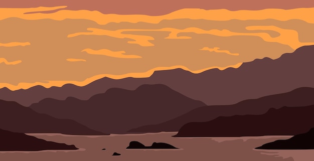 hermosas montañas y río ilustración vectorial de vista nocturna