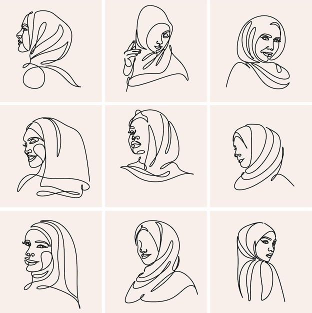 Hermosas mujeres en arte lineal hijab dibujando protestas en Irán