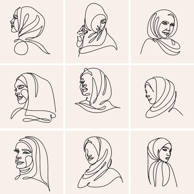 Hermosas mujeres en arte lineal hijab dibujando protestas en irán