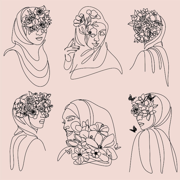 Hermosas mujeres en arte lineal hijab dibujando protestas en irán