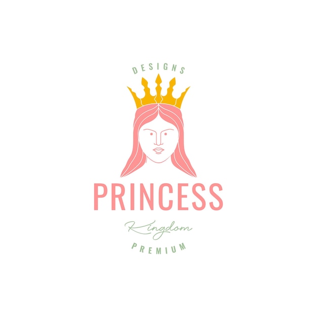 Hermosas mujeres feministas cabello largo corona princesa minimalista logotipo diseño icono vector ilustración