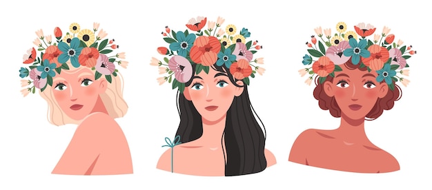 Hermosas mujeres jóvenes con una corona de flores Imagen para un cartel de tarjeta de pancarta de primavera