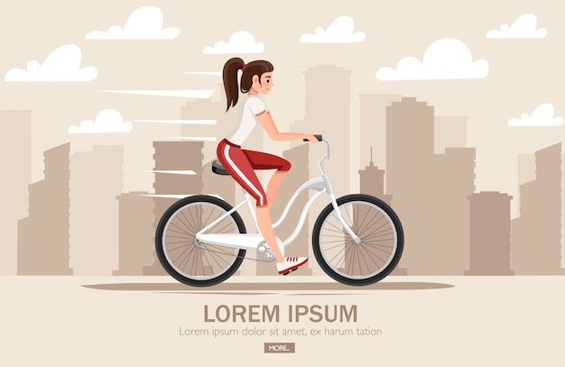 Hermosas mujeres montando bicicleta. con bicicleta y chica en ropa deportiva. personaje animado . ilustración en el fondo del paisaje de la ciudad. página del sitio web y aplicación móvil