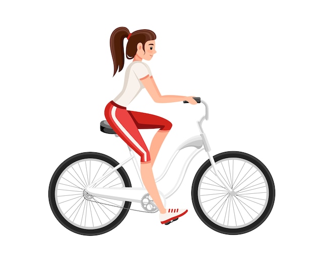 Hermosas mujeres montando bicicleta. con bicicleta y chica en ropa deportiva. personaje animado . ilustración sobre fondo blanco