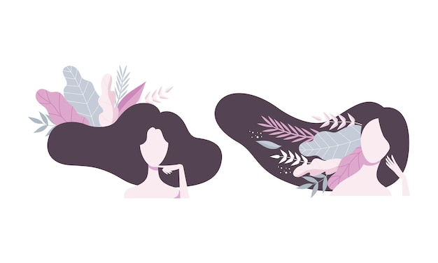 Hermosas mujeres morenas con flores en su set de ilustraciones vectoriales de cabello largo