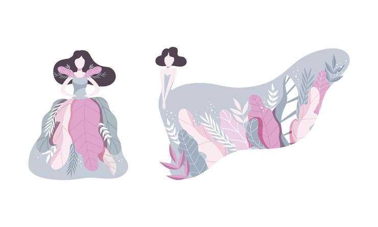 Vector hermosas mujeres morenas con vestidos largos decoradas con plantas y flores set ilustración vectorial