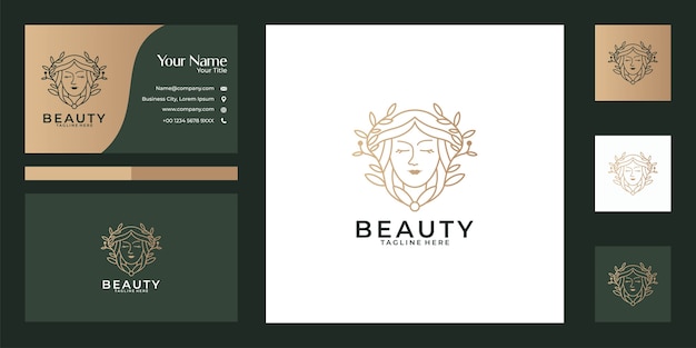 Hermosas mujeres naturaleza línea arte diseño de logotipo y tarjeta de visita. buen uso para el logotipo de salón de belleza, spa, yoga y moda.