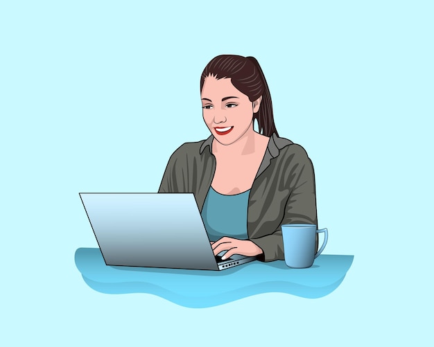 Vector hermosas mujeres de negocios corporativos con computadoras portátiles que trabajan en la ilustración de vector de dibujos animados de oficina