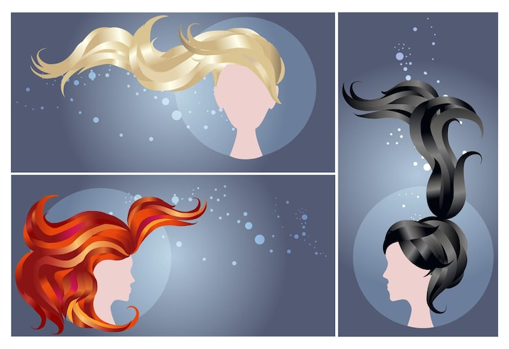 Vector hermosas mujeres con peinados y diferentes colores de cabello.