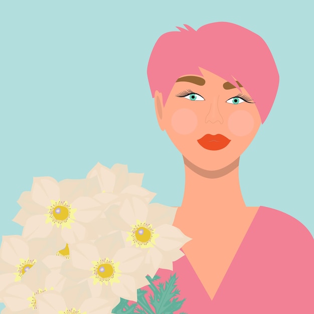Hermosas mujeres con pelo rosa corto y flores de margaritas, ilustración vectorial.