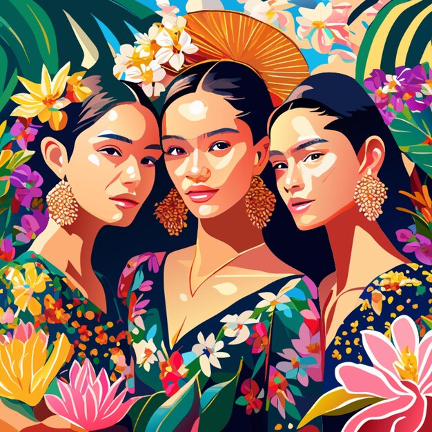 Hermosas mujeres tailandesas fotorealismo verano en la isla acuarela ilustración vectorial