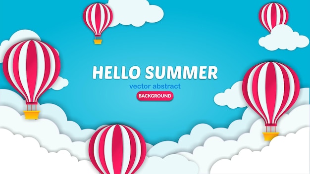 Hermosas nubes esponjosas sobre fondo de cielo azul con estilo de corte de papel de ilustración de vector de globos