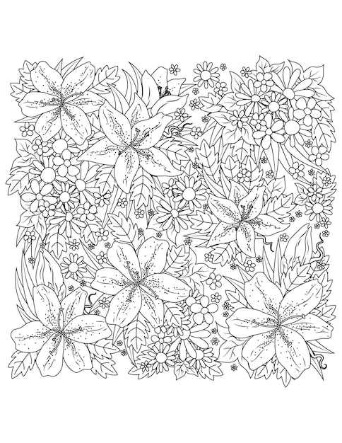 Hermosas páginas para colorear florales dibujadas a mano y libro para colorear para niños y adultos