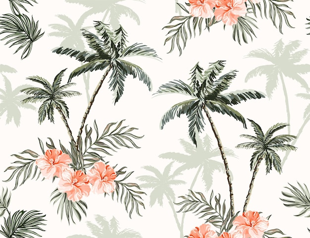 Hermosas palmeras tropicales vintage y guepardo floral de patrones sin fisuras fondo blanco