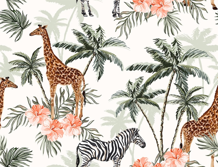 Vector hermosas palmeras tropicales vintage y guepardo floral de patrones sin fisuras fondo blanco