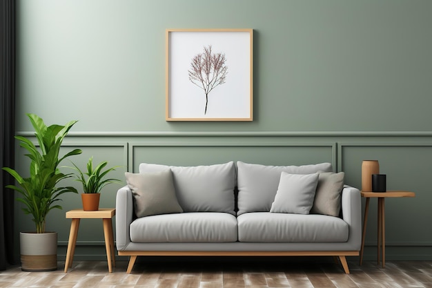 Vector hermosas plantas en macetas en un elegante salón con sofá
