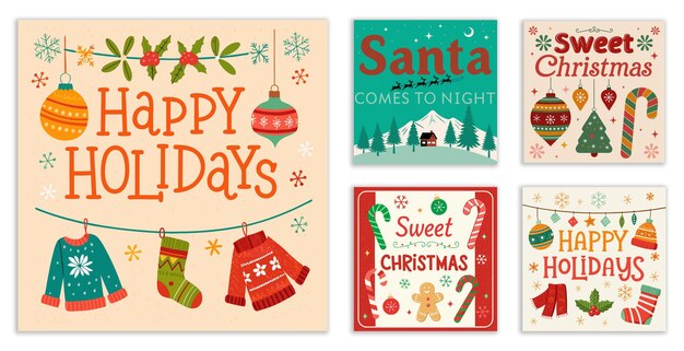 Hermosas plantillas navideñas dibujadas a mano para tarjetas de felicitación