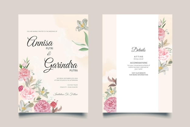 Vector hermosas rosas marco floral tarjeta de invitación de boda plantilla premium vector