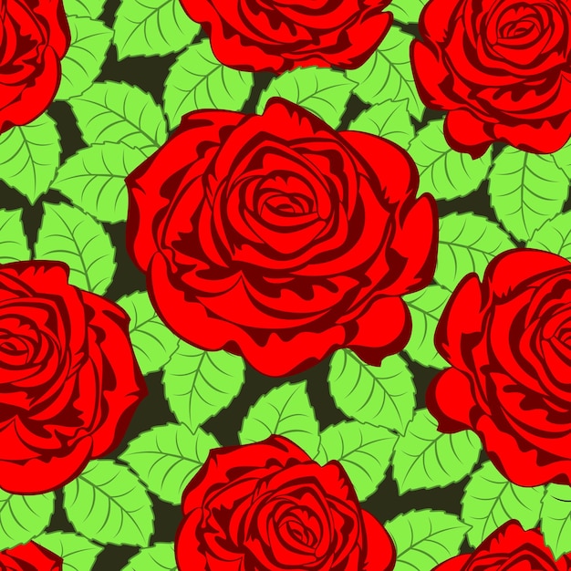 Hermosas rosas rojas flores sin costuras patrón vectorial