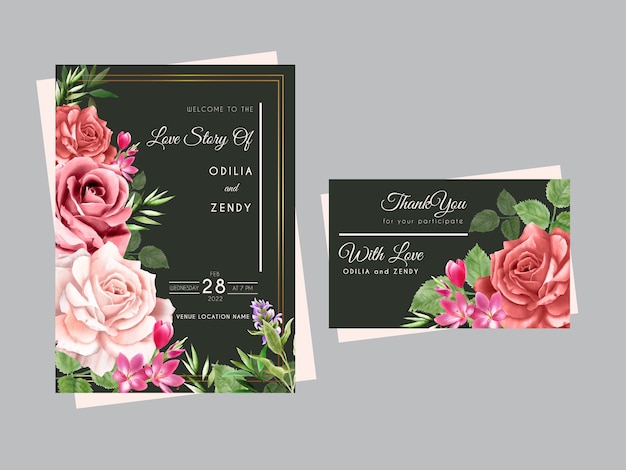 Hermosas tarjetas de invitación de boda con rosas rojas y rosadas dibujadas a mano