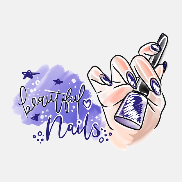 Hermosas uñas inscripción manuscrita mano con uñas largas sostiene esmalte de uñas