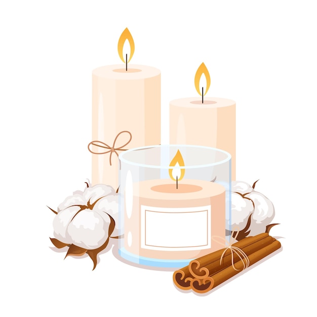 Vector hermosas velas ardientes estéticas con flores de algodón secas y esponjosas para la decoración del hogar