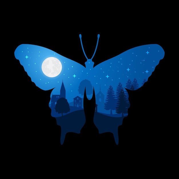 Vector hermoso ambiente nocturno con marcos de mariposas de diseño vectorial