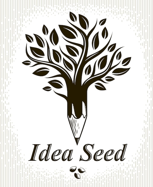 Hermoso árbol con lápiz combinado en un símbolo, concepto de semilla de Idea vector logotipo o icono de estilo clásico. Alegoría de la idea del virus de los pensamientos fuertes.