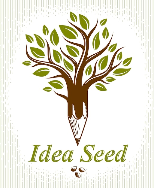 Hermoso árbol con lápiz combinado en un símbolo, concepto de semilla de Idea vector logotipo o icono de estilo clásico. Alegoría de la idea del virus de los pensamientos fuertes.