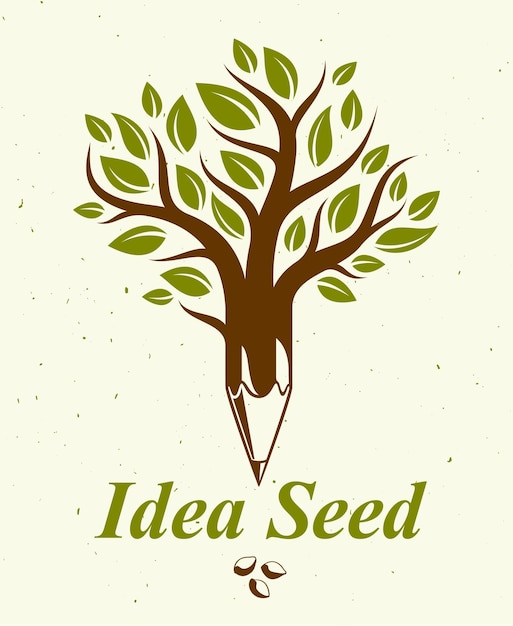 hermoso árbol con lápiz combinado en un símbolo idea semilla concepto vector estilo clásico logotipo o icono pensamientos fuertes idea virus alegoría