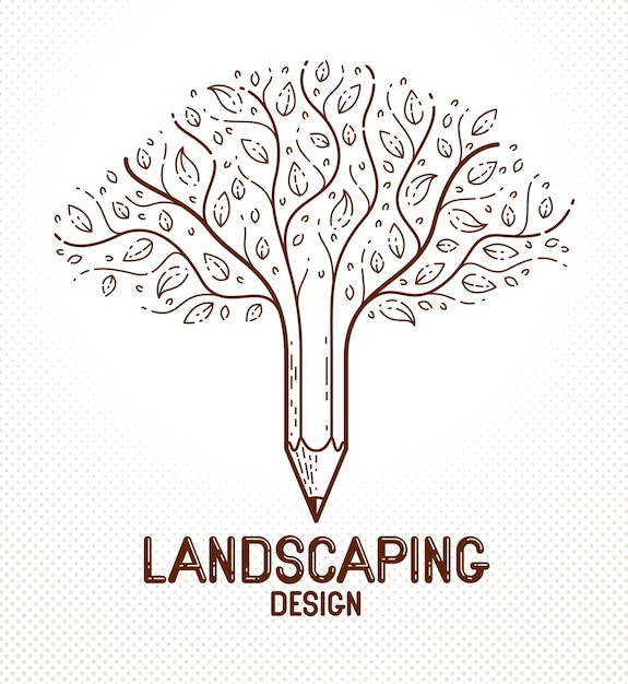 Vector hermoso árbol con lápiz combinado en un símbolo, logotipo o icono de estilo clásico vectorial de diseño paisajístico. concepto de creatividad, alegoría del arte y el diseño.