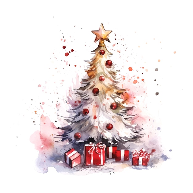 Hermoso árbol de navidad regalos acuarela gran diseño para cualquier propósito diseño de tarjeta de felicitación navideña
