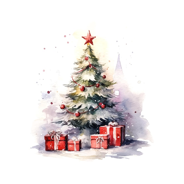 Hermoso árbol de navidad regalos acuarela gran diseño para cualquier propósito tarjeta de felicitación navideña