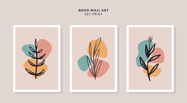 Hermoso arte de pared boho de mediados de siglo con plantilla de hojas