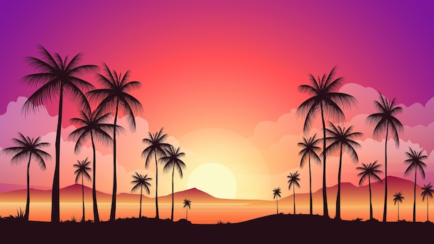 Hermoso atardecer playa palm paisaje vector ilustración