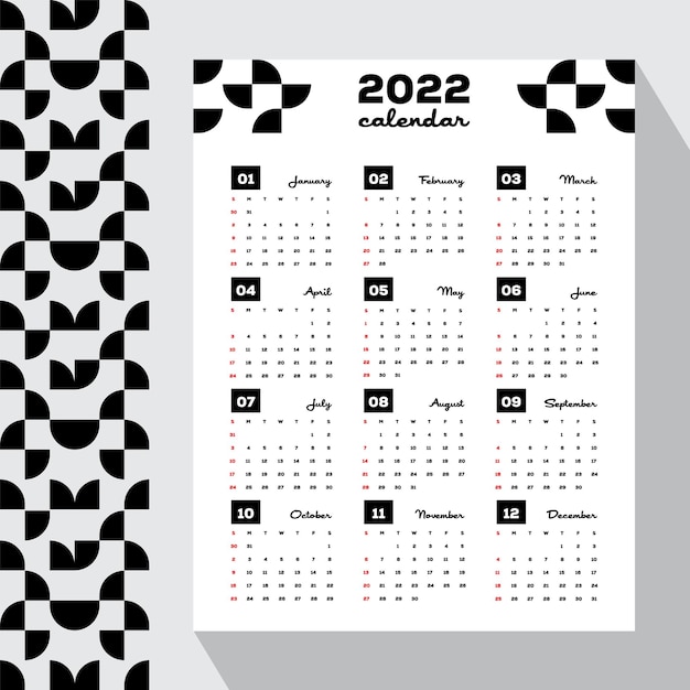 Hermoso calendario de pared 2022 con diseño de patrón mínimo en blanco y negro