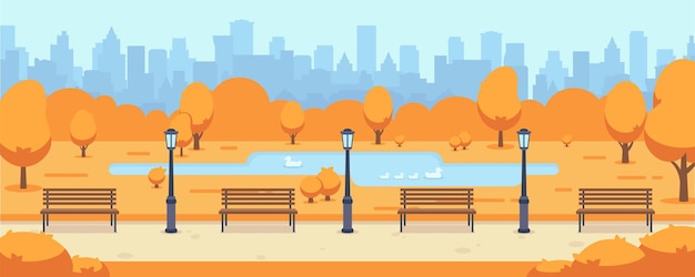 Hermoso camino de la ciudad de otoño Ciudad del parque de otoño con cielo azul y siluetas de edificios Naranjos naturaleza paisaje temporadas al aire libre vector escena panorámica con banco