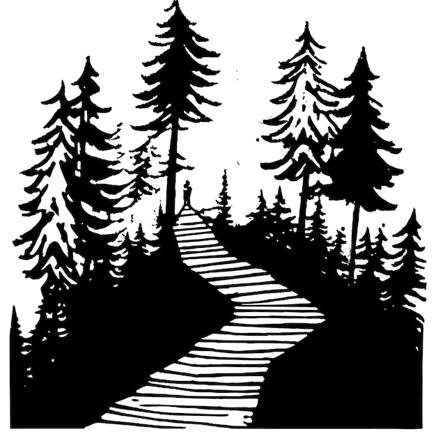 Vector hermoso camino de madera que va los árboles de colores impresionantes en una ilustración vectorial del bosque