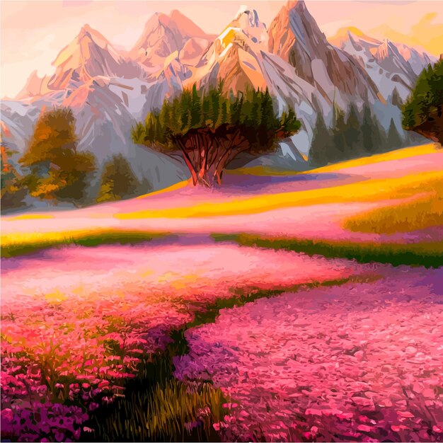 Vector hermoso campo de tulipanes que crecen en las laderas de las montañas y el cielo ilustración campo abstracto