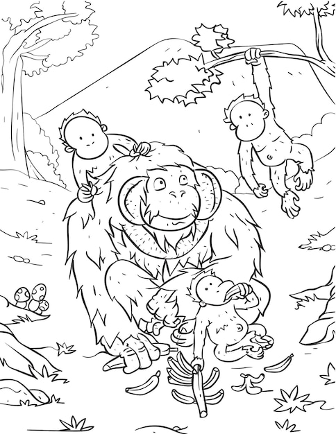 Hermoso chimpancé con chimpancés bebés Páginas para colorear y libro para colorear para niños y adultos