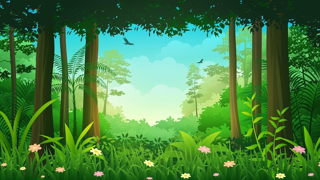 Hermoso claro de la selva tropical profunda, ilustración de vector de paisaje de naturaleza