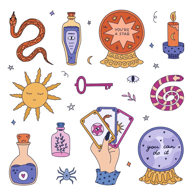 Vector un hermoso y colorido garabato mágico y adivino con símbolos de brujería iconos místicos