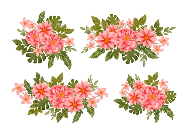 Vector hermoso conjunto de arreglos de racimos de flores de acuarela roja tropical