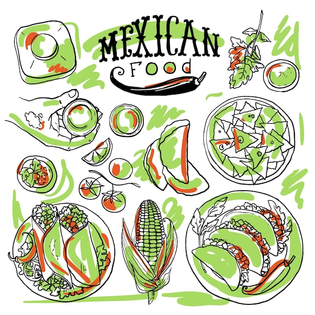 Vector hermoso conjunto dibujado a mano de ilustración de comida mexicana