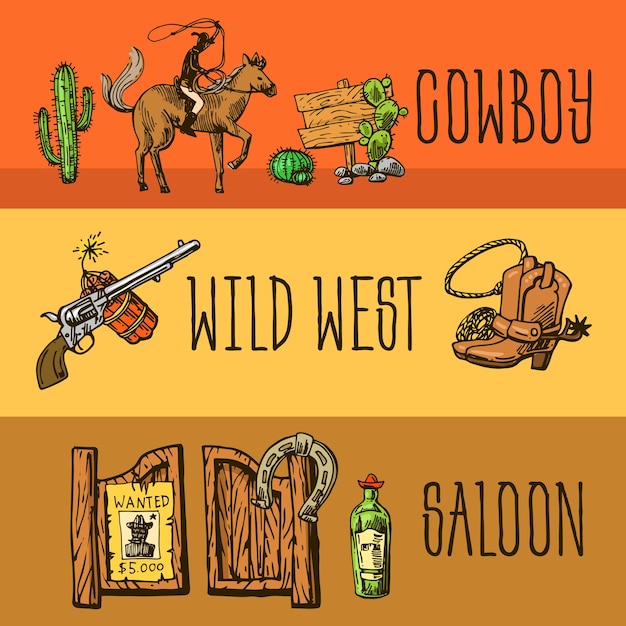 Hermoso conjunto dibujado a mano de ilustración salvaje oeste Vaquero de estilo de dibujos animados